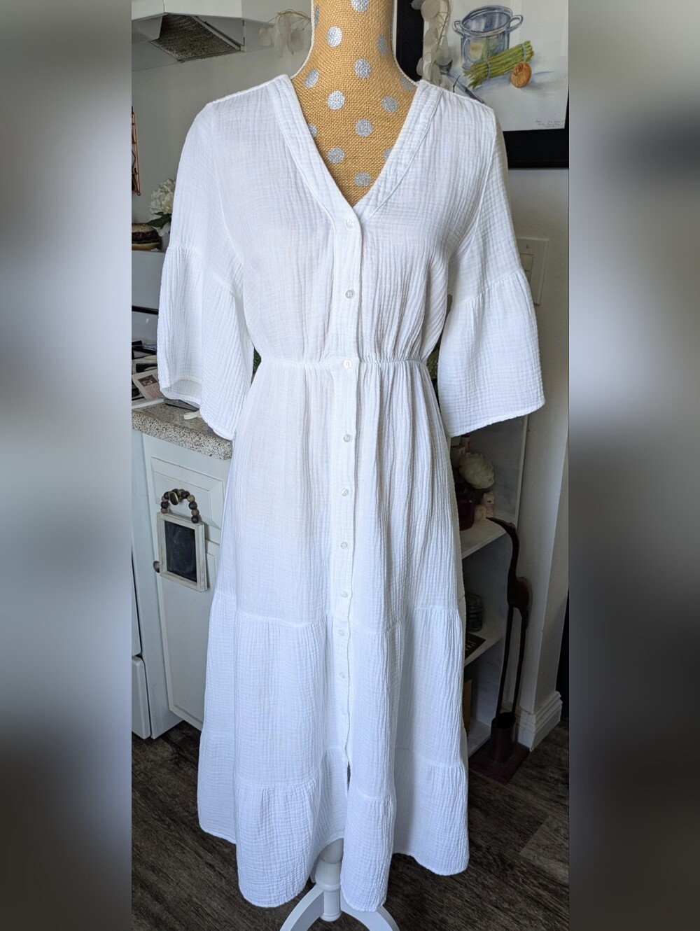 Saks Fifth Avenue Linen gauze Elegant white midi dress with button-down front.